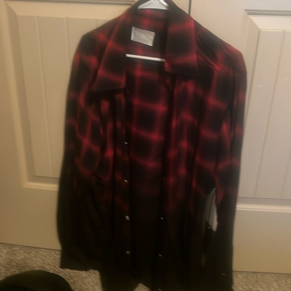 ORO Los Angeles long sleeve button up red and black plaid faded to black.